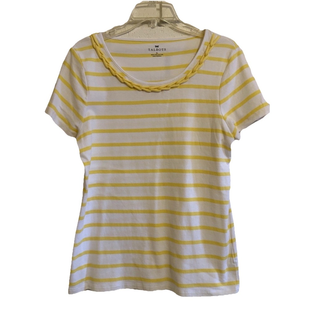 Talbots Women Striped Short Sleeve Twist Crew Neck‎ T-Shirt Yellow White Size XL
